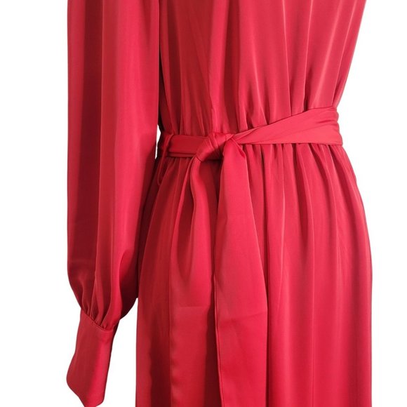 COPY - WOMEN'S SATIN ELEGANT OCCASION CHERRY RED MAXI DRESS ASYMMETRICAL - Picture 9 of 11